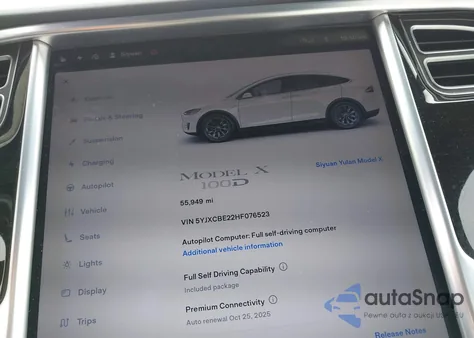 2017 Tesla Model X 100D/75D/90D z USA, uszkodzony, nr VIN 5YJXCBE22HF076523